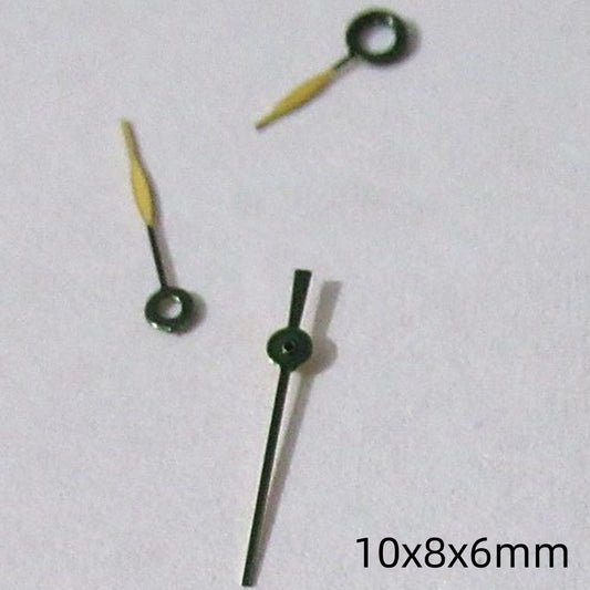 Set of 10mm yellow and black painted watch hands for Miyota 2035, 2115, 2105, 2305 movements.