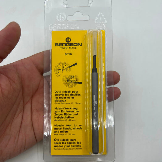 Bergeon 6016 tool for precise removal of watch hands and movement wheels, ideal for repair.