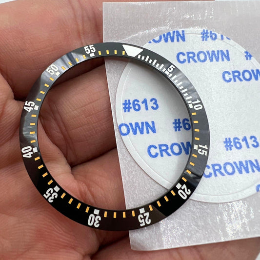 Black ceramic watch bezel insert with yellow graduation, 38mm/30.5mm size, compatible with watch parts