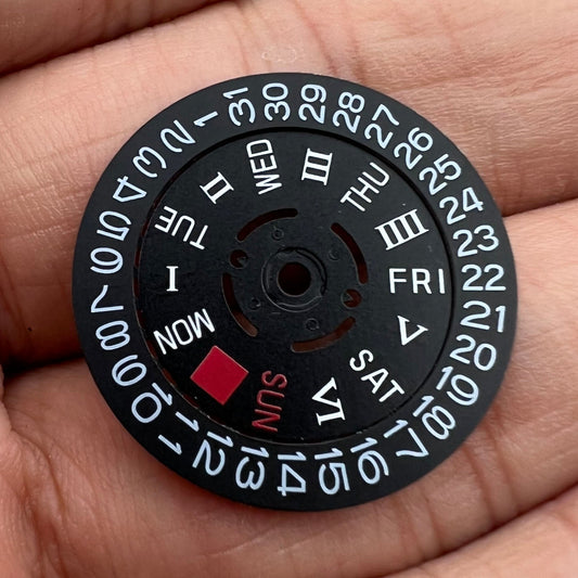 Black Roman and English font date disk wheel for NH36 movement, 3.8 position, premium watch accessory.