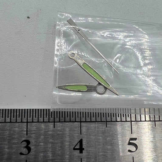Arrow-shaped green luminous watch hands set for Miyota 2035 2115 2105 2305 movements, glowing in the dark.