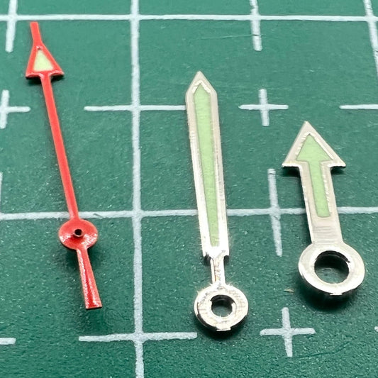 Green luminous arrow-shaped watch hands set by Miyota, perfect for models 2035, 2115, 2105, 2305, enhancing readability.