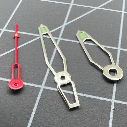 Hollow green luminous watch hands set for Miyota 2035, 2115, 2105, 2305 movements, enhancing readability in low light.