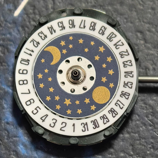 Japan Made Miyota 2005 quartz watch part with double calendar and moon phase for precise timekeeping.