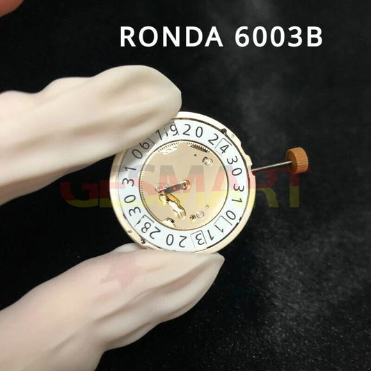 Ronda 6003B Swiss quartz watch movement with date at 12, ideal for repair and replacement.
