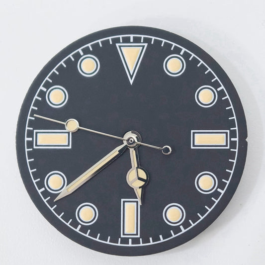 Vintage silver-trimmed watch dial with green lume hands for NH34 NH35 movement, classic style.