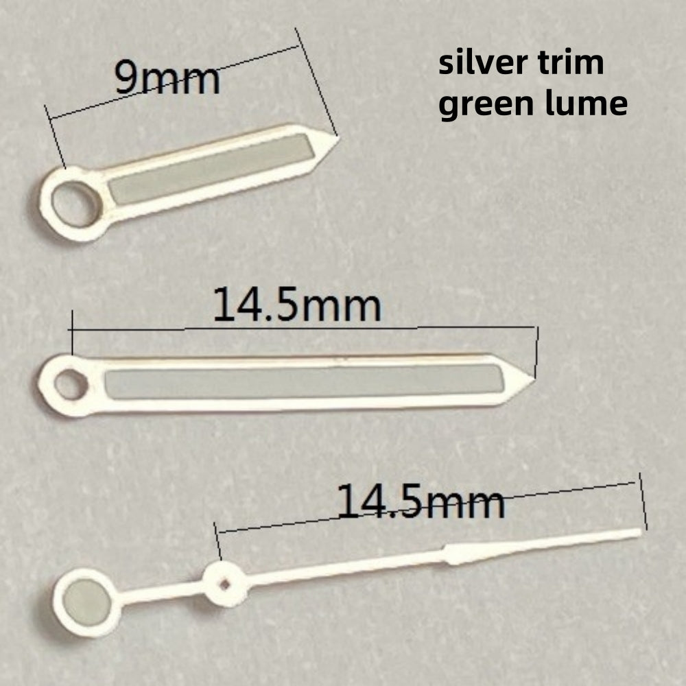 Silver trim green lume watch hands for Seagull ST6 automatic movement, enhancing readability and style.