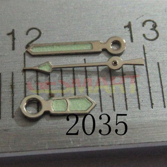 Silver trim green lume watch hands set for Miyota 2035 series, enhancing visibility and style.