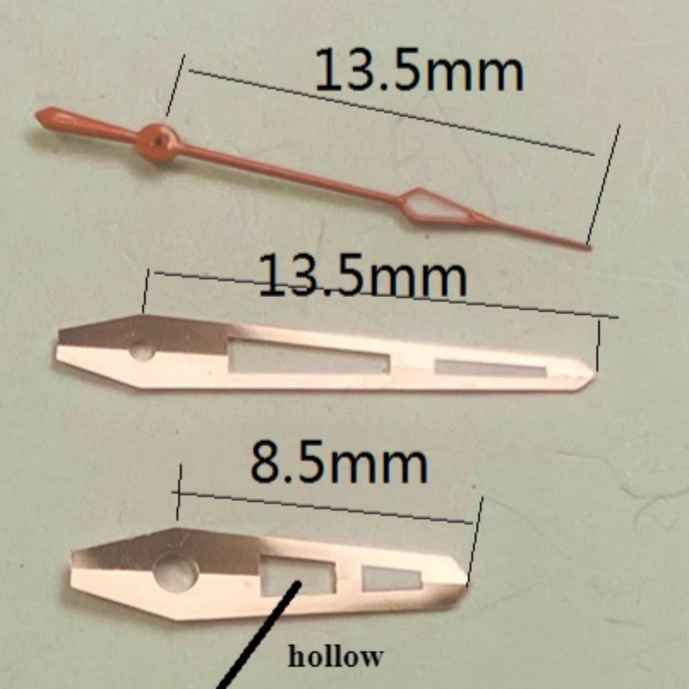Rose gold trimmed orange second hand with 13.5mm length and green lume for Miyota 2035 watches, compatible with various models.