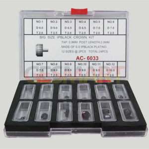 Premium 24pcs Black Stainless Steel Watch Crown Assortment Kit for Watch Parts