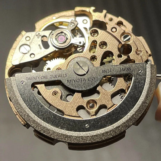 Japan-made Miyota automatic watch movement with rose gold and silver hollow design, model 8N24.