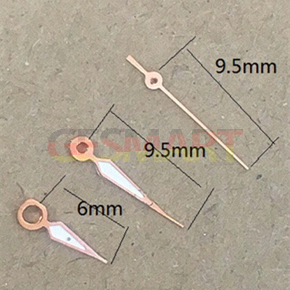 Rose gold 9.5mm luminous watch hands with green glow, compatible with Epson TMI VJ12 quartz movement, branded design.