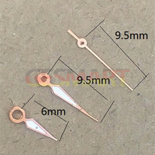 Rose gold 9.5mm luminous watch hands with green glow, compatible with Epson TMI VJ12 quartz movement, branded design.