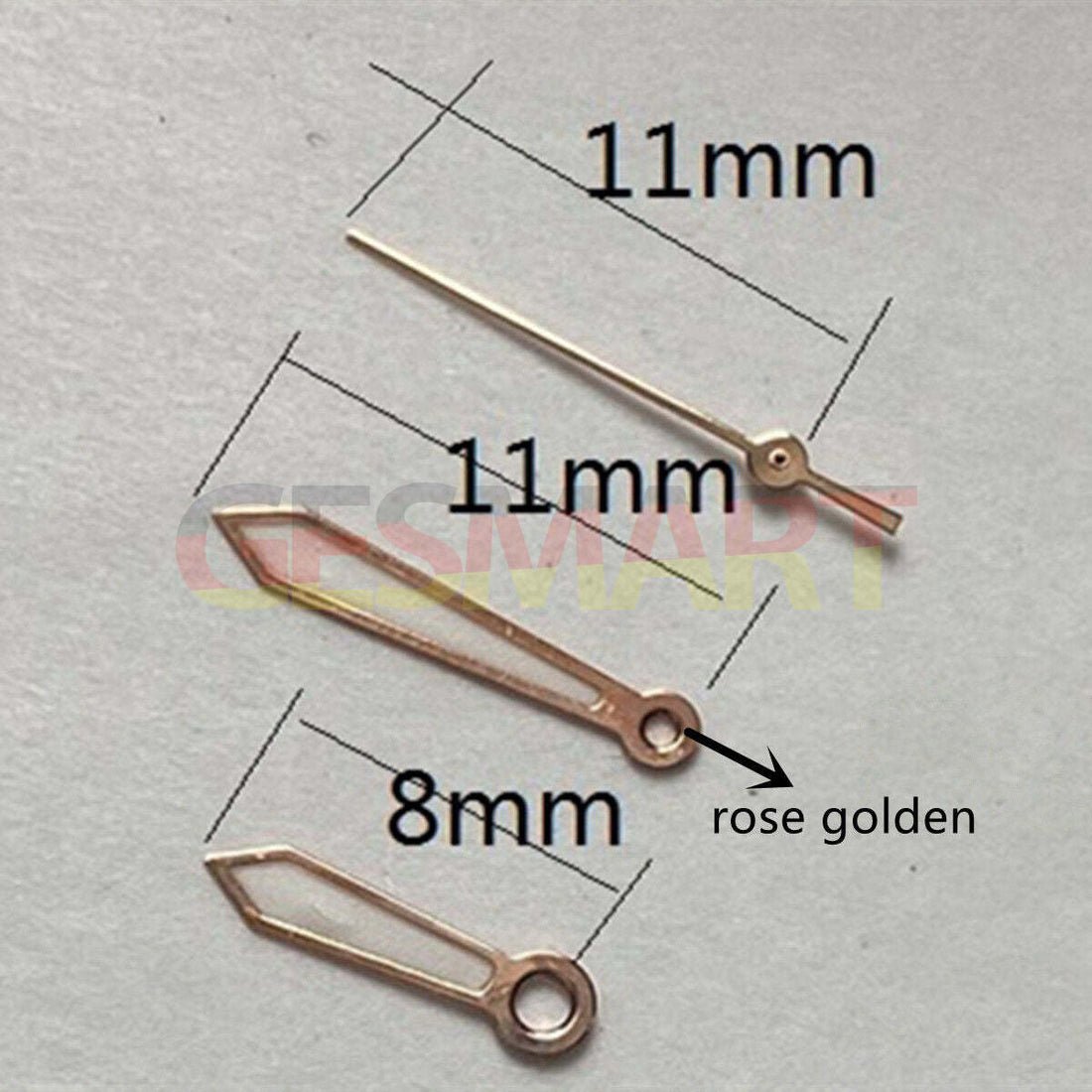 11mm rose gold trimmed green lume watch hands for Miyota 2315 and related movements.