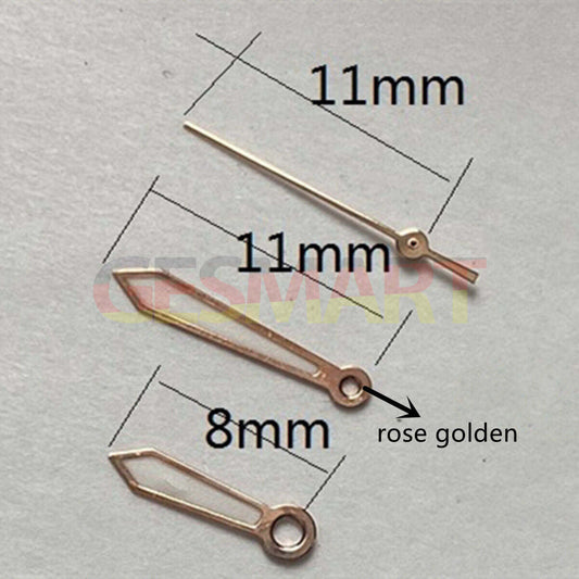 11mm rose gold trimmed green lume watch hands for Miyota 2315 and related movements.