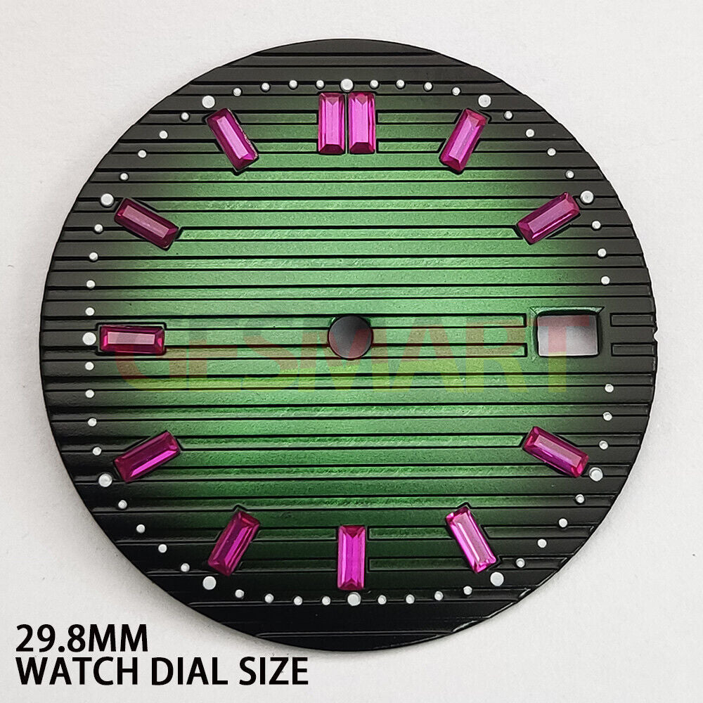 29.8mm pink gemstone nail watch dial with green accents for NH35 movement, stylish and durable design