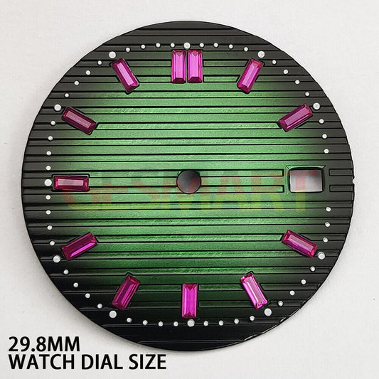 29.8mm pink gemstone nail watch dial with green accents for NH35 movement, stylish and durable design