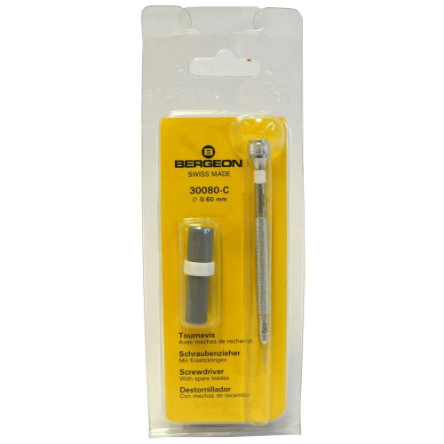 Bergeon 30080-C 0.60mm white screwdriver with spare blades for precision watch repair.