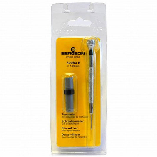Bergeon 30080-E 1.00mm black precision screwdriver with spare blades for watch repair.