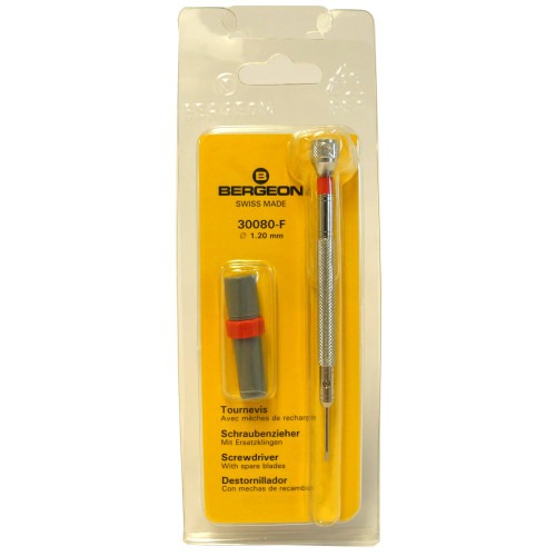 Bergeon 30080-F red screwdriver 1.20mm with spare blades for precise watch repair and adjustment.