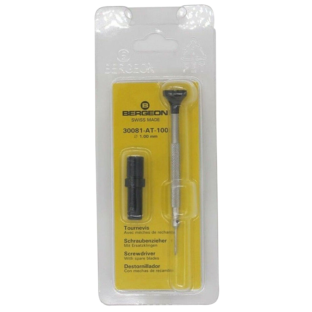 Bergeon 30081-AT-100 ergonomic 1.00mm screwdriver with spare blades for precise watch repairs.