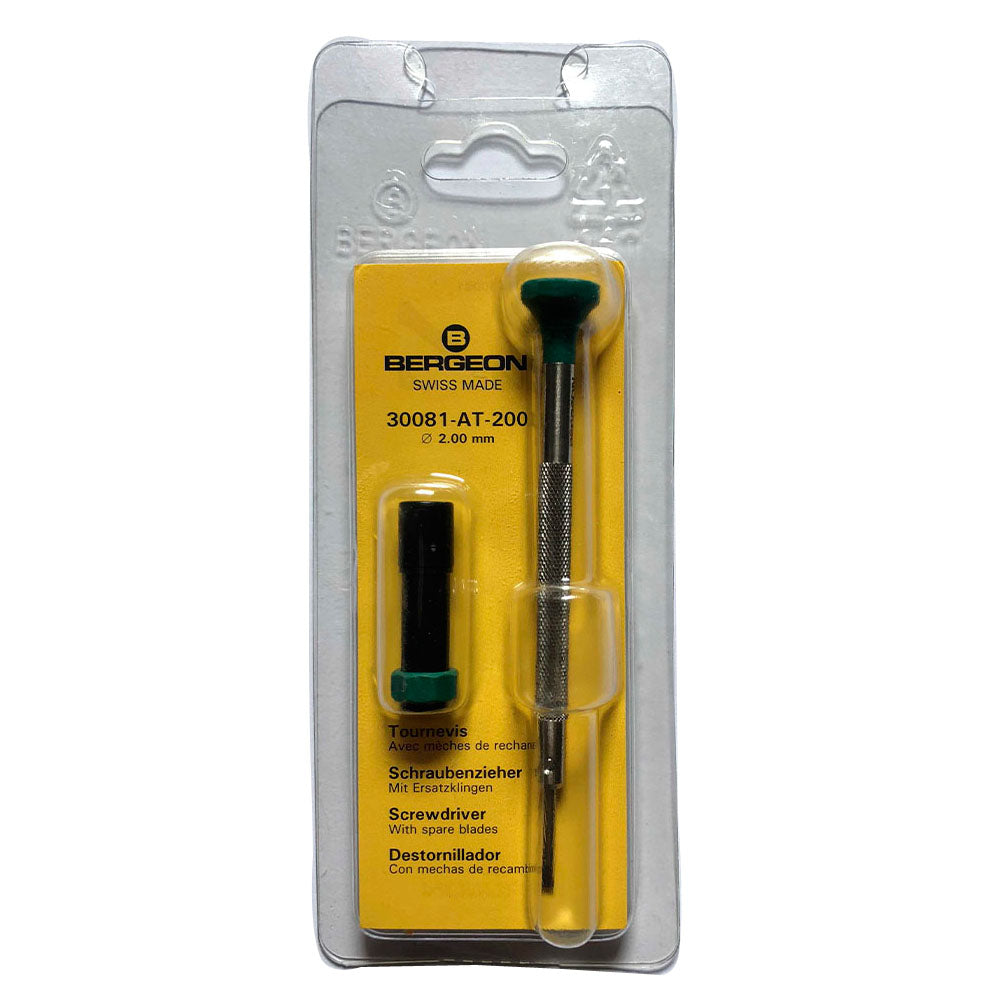 Bergeon 30081-AT-200 ergonomic 2.00mm screwdriver with spare blades for precise watch repair.