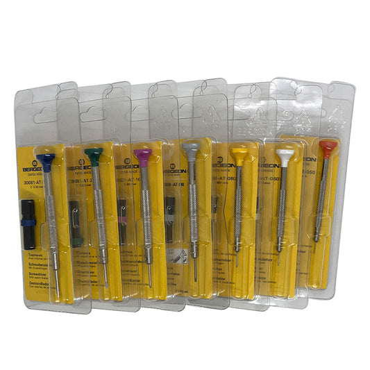 Bergeon 30081-AT ergonomic screwdriver for watch repairs, includes spare precision blades.