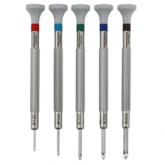 Bergeon 30081-C Phillips ergonomic screwdriver set, 5 sizes for precise watch repair tasks.