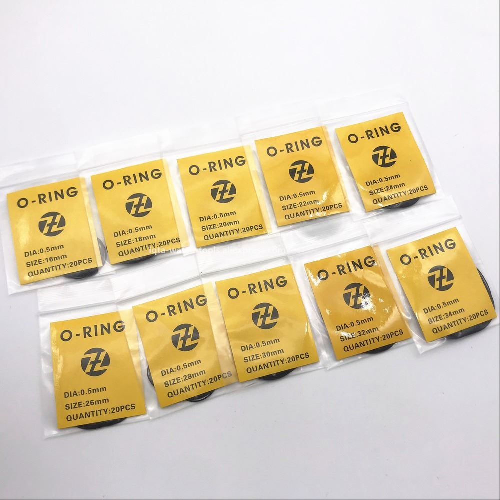 Set of 200 waterproof rubber O-rings (16-34mm) for watch seals, ensuring secure fit and durability.