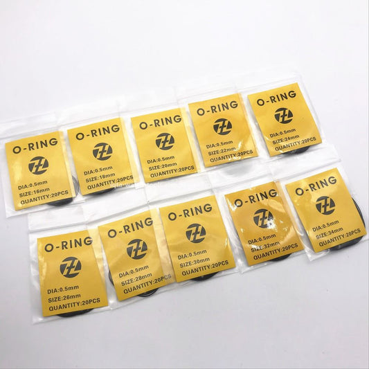 Set of 200 waterproof rubber O-rings (16-34mm) for watch seals, ensuring secure fit and durability.