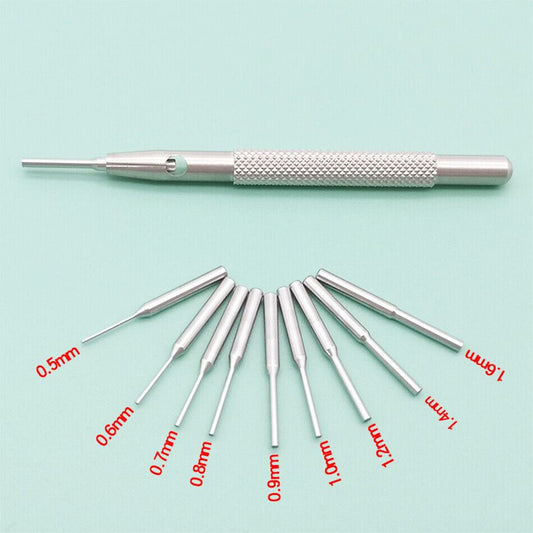 Multi-size punch needle tool for adjusting and cutting watch straps to desired length.
