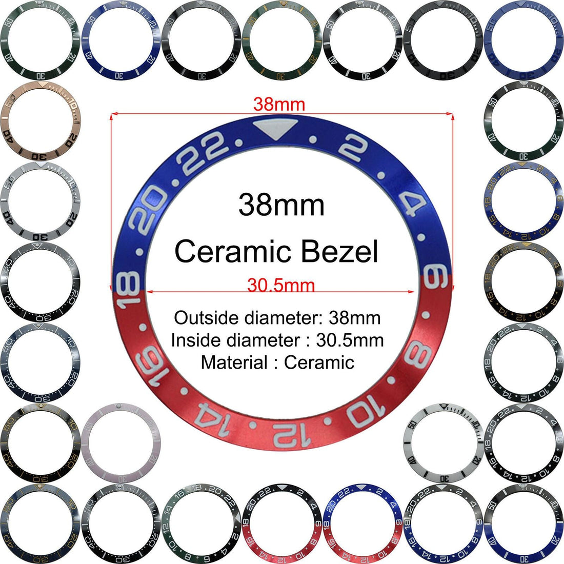 38mm ceramic bezel for GMT men's watch, durable replacement part for watch repair and customization.