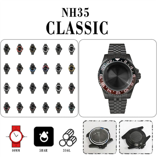 40mm Sapphire glass watch case compatible with NH35/NH36 movement, durable and sleek design.