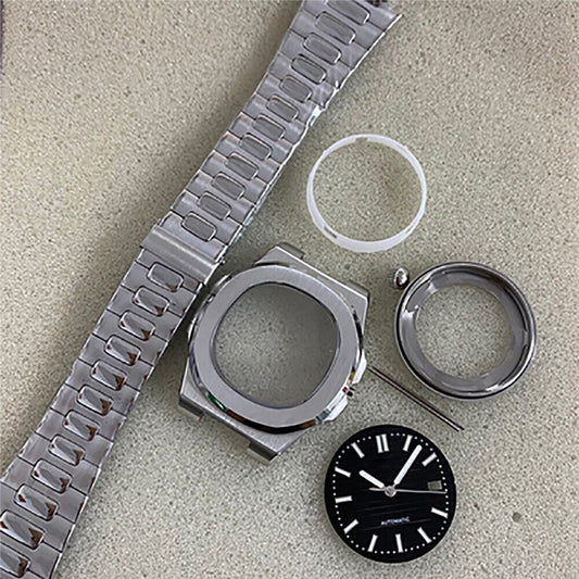 41mm stainless steel watch case with sapphire glass, compatible with NH35/36, durable strap, and precise dial hands.