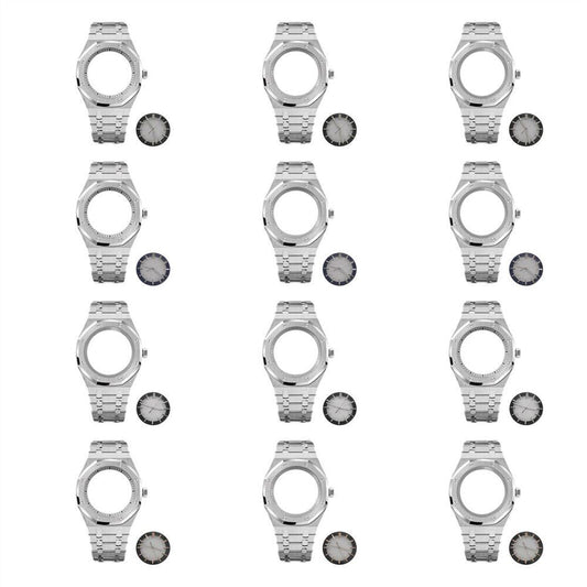 41MM NH70 watch case with black strap, silver dial, and luminous watch hands for custom builds.