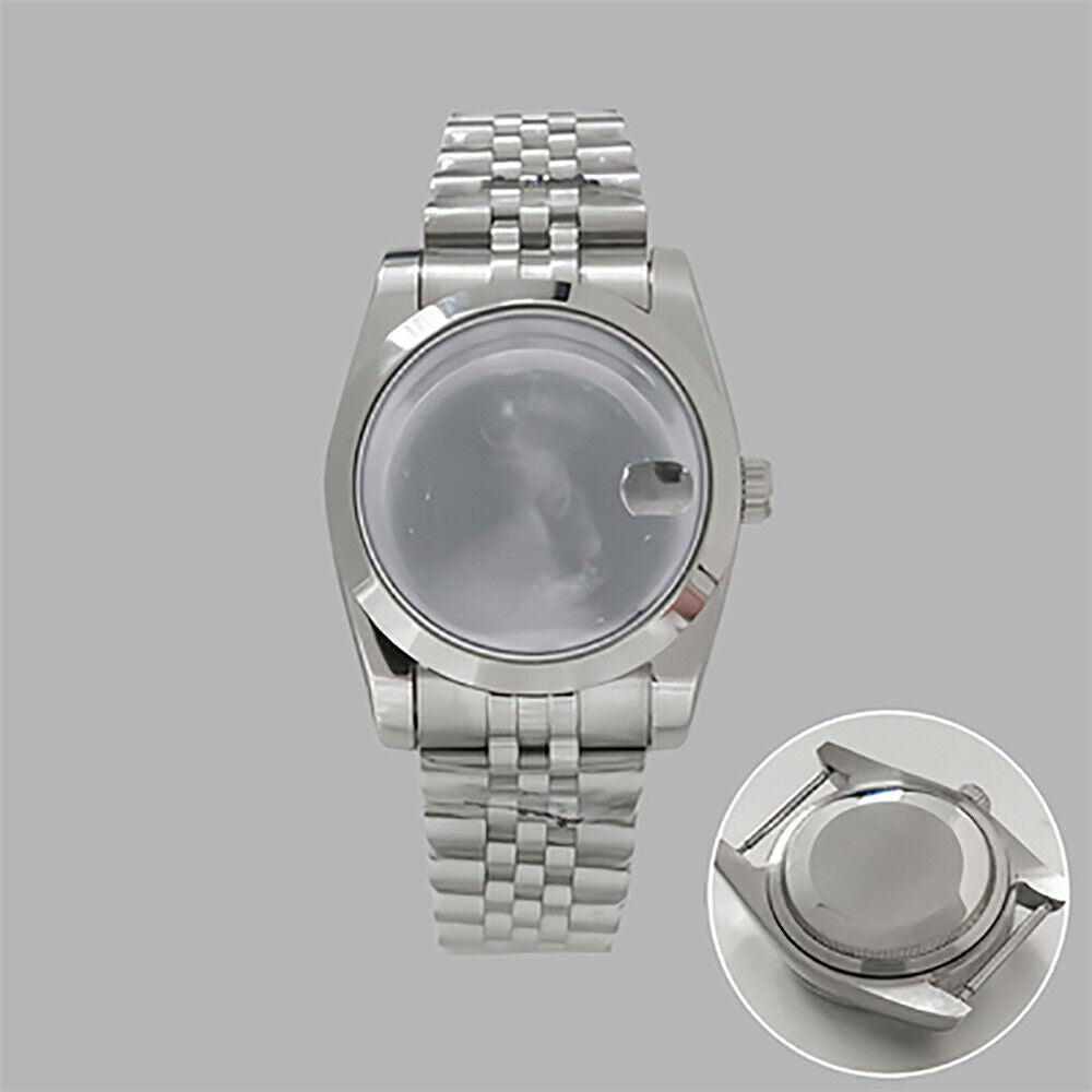 36mm stainless steel watch case and strap with transparent calendar window, compatible with NH35/36 movements.