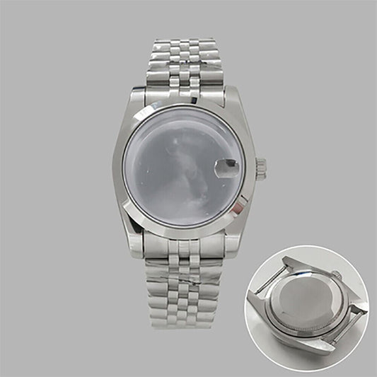 36mm stainless steel watch case and strap with transparent calendar window, compatible with NH35/36 movements.