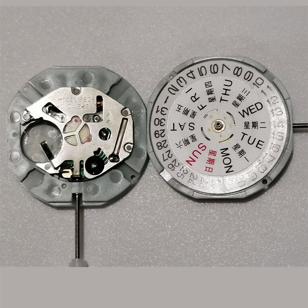 Sunon PE28 quartz watch movement with day-date display and three hands for precise timekeeping.