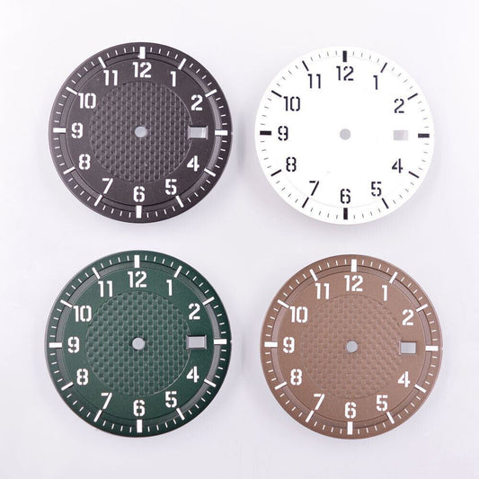 Green luminous 34.50mm watch dial for NH35/NH36 movements, enhancing visibility with Seiko-compatible design.