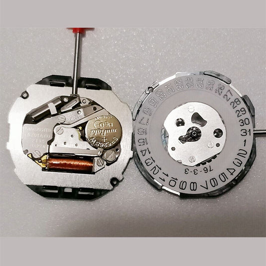 Quartz watch movement Miyota 2115 with 3 hands, date at 3 o'clock, and watch stem for precise timekeeping.
