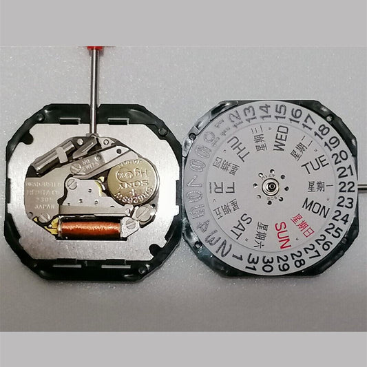 Quartz movement Miyota 2305 with day, date, and three hands for precise timekeeping by Miyota.
