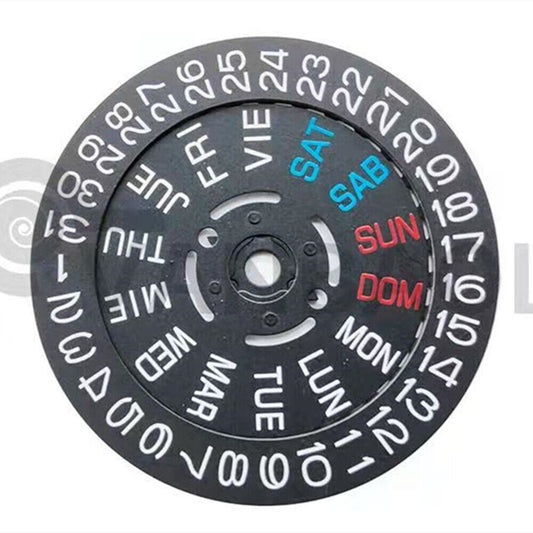 Black English font date disk wheel for NH35/36 movement with date display at 3/3.8, precision fit.