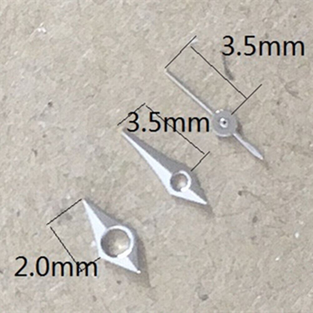 Silver watch hands set for Miyota 2035 quartz movement, precise fit for repair and customization.