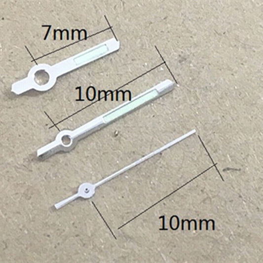 Silver luminous watch hands compatible with Miyota 2035 quartz movement, enhancing visibility in low light, P1-H2-C14.