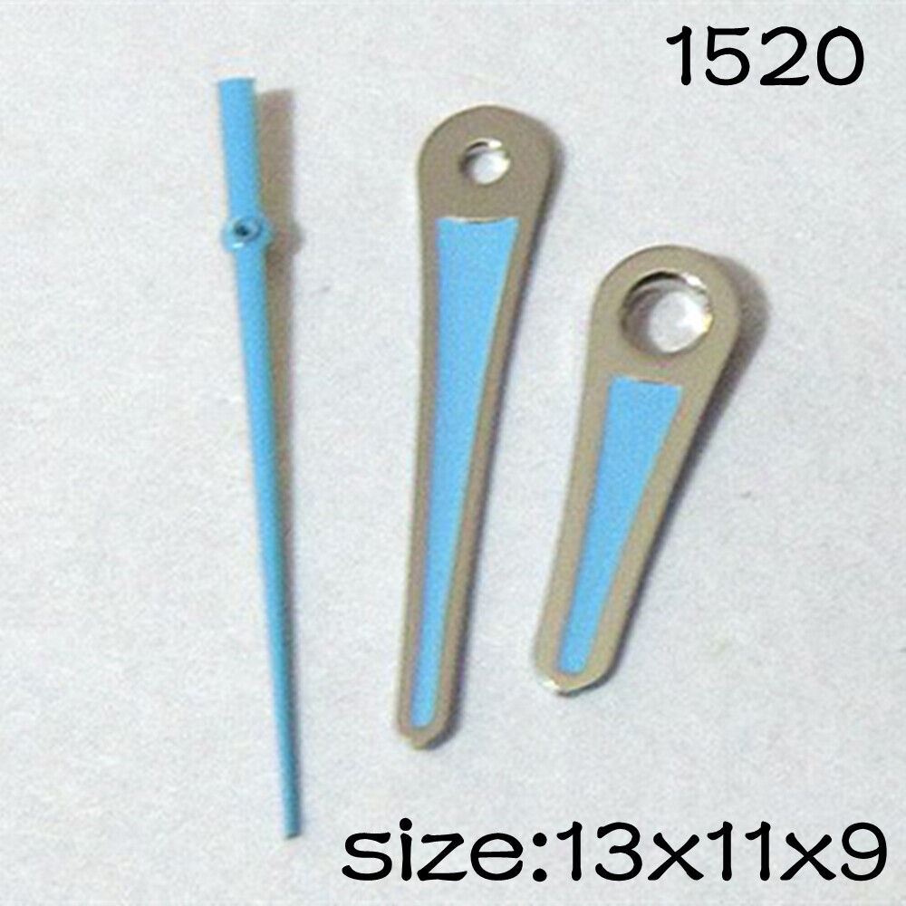 Blue painted watch hands set for Miyota 2035 movement, includes 13mm, 11mm, and 9mm sizes by #1520.