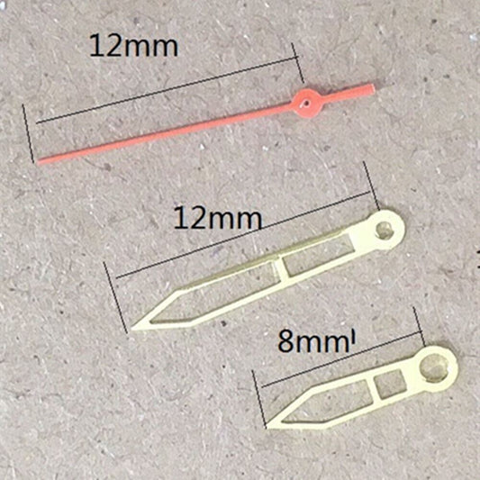 Golden trim watch hands set for Miyota 2035 quartz movement, enhancing precision timekeeping.