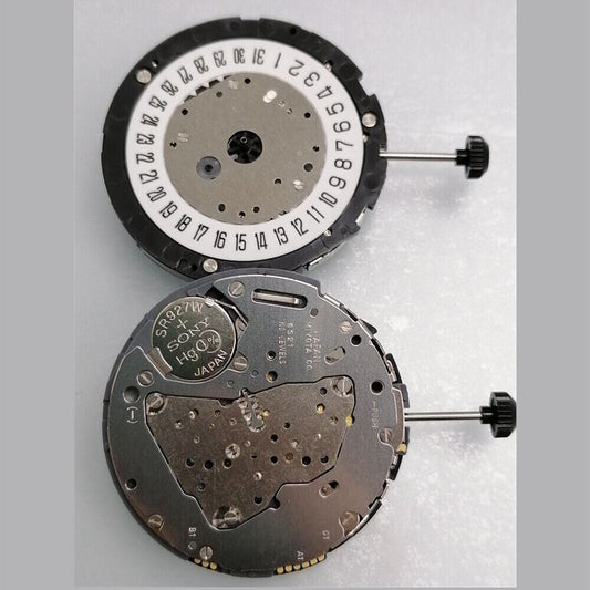 Miyota 6S21 quartz movement watch face with date at 6, small second subdial at 9, 2 hands.