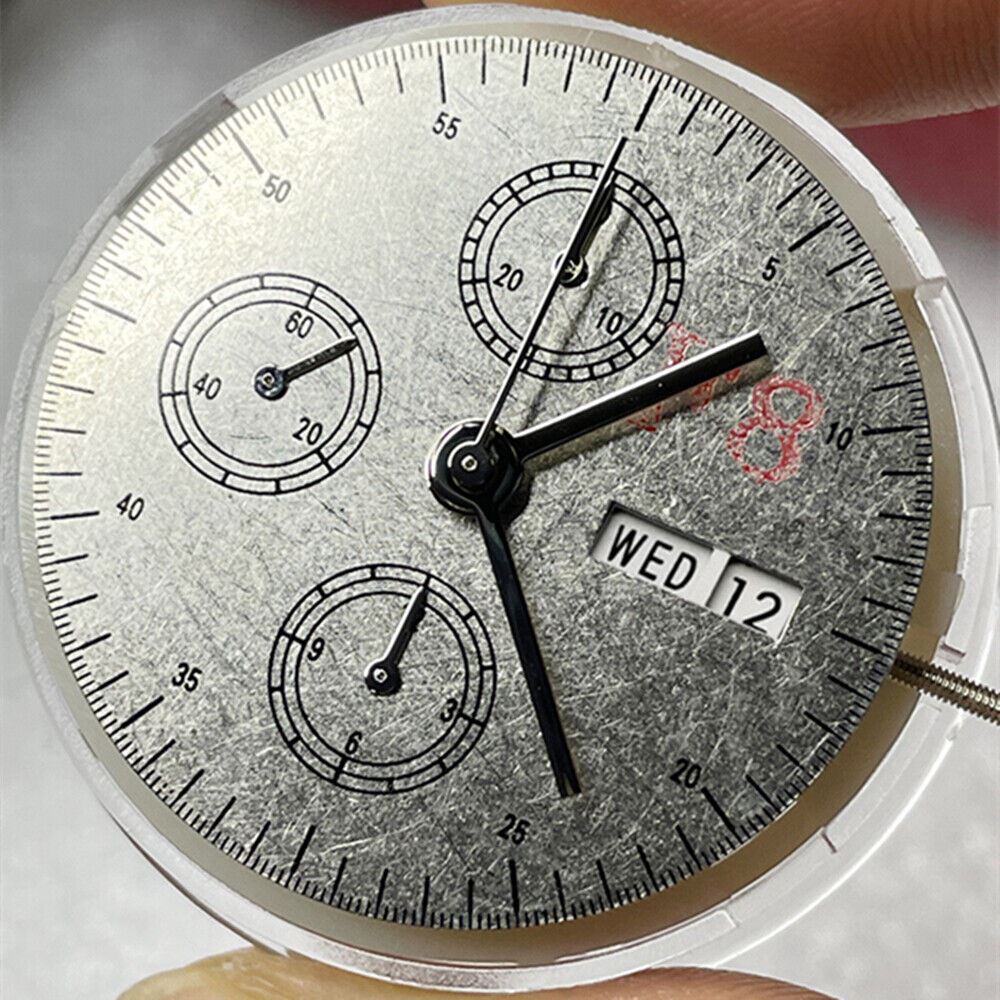 China Made 7750 chronograph watch movement with white dial, day-date display, and small seconds at 9 o'clock.