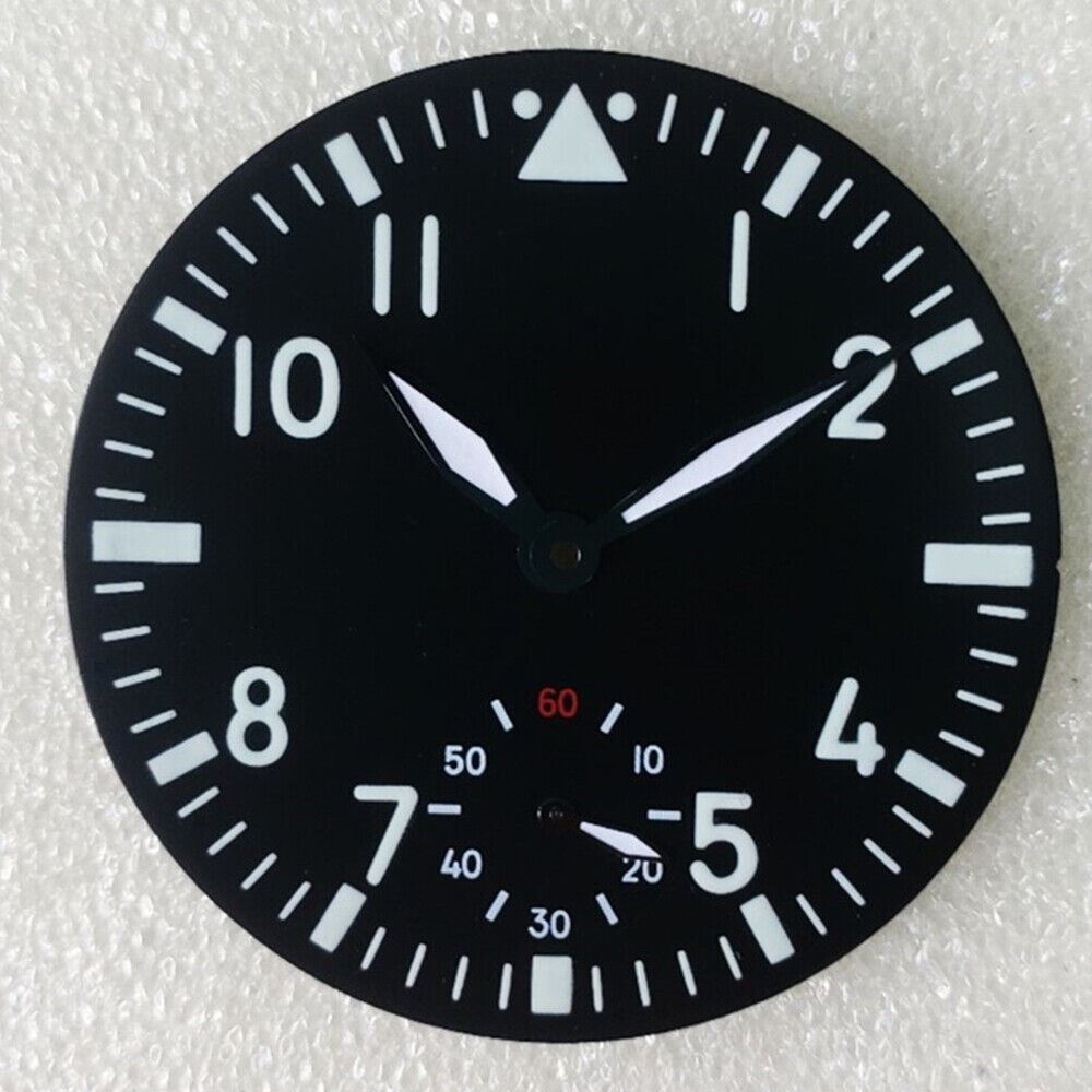 Black 38.9mm pilot watch dial with green luminous markers, compatible with ETA 6498 movement.
