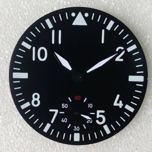 Black 38.9mm pilot watch dial with green luminous markers, compatible with ETA 6498 movement.